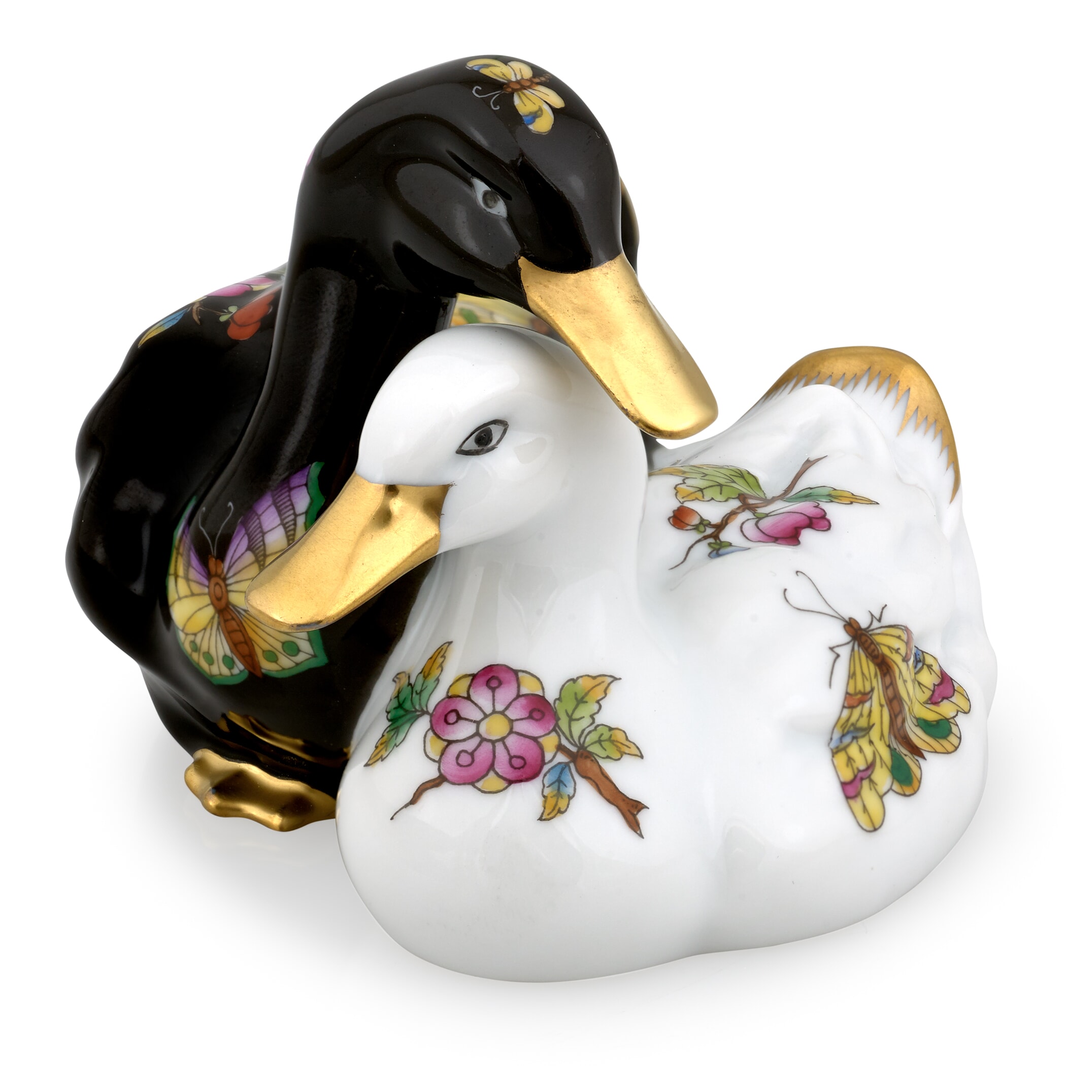Herend Pair of Ducks Figurine, Black & White